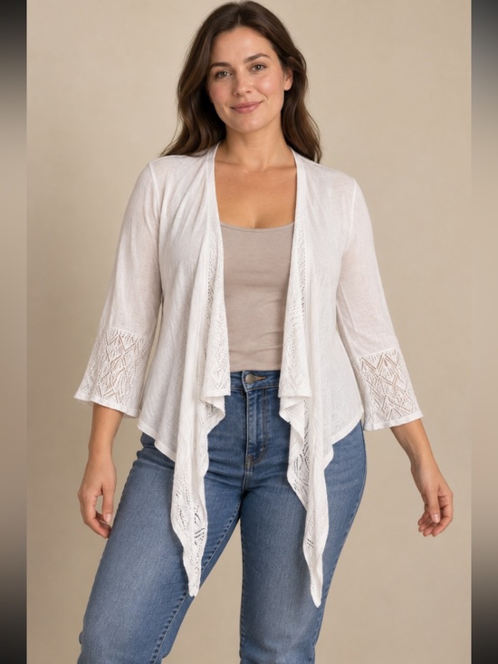 Christina White Cotton Pointelle Waterfall Open Front Cardigan Size Large
